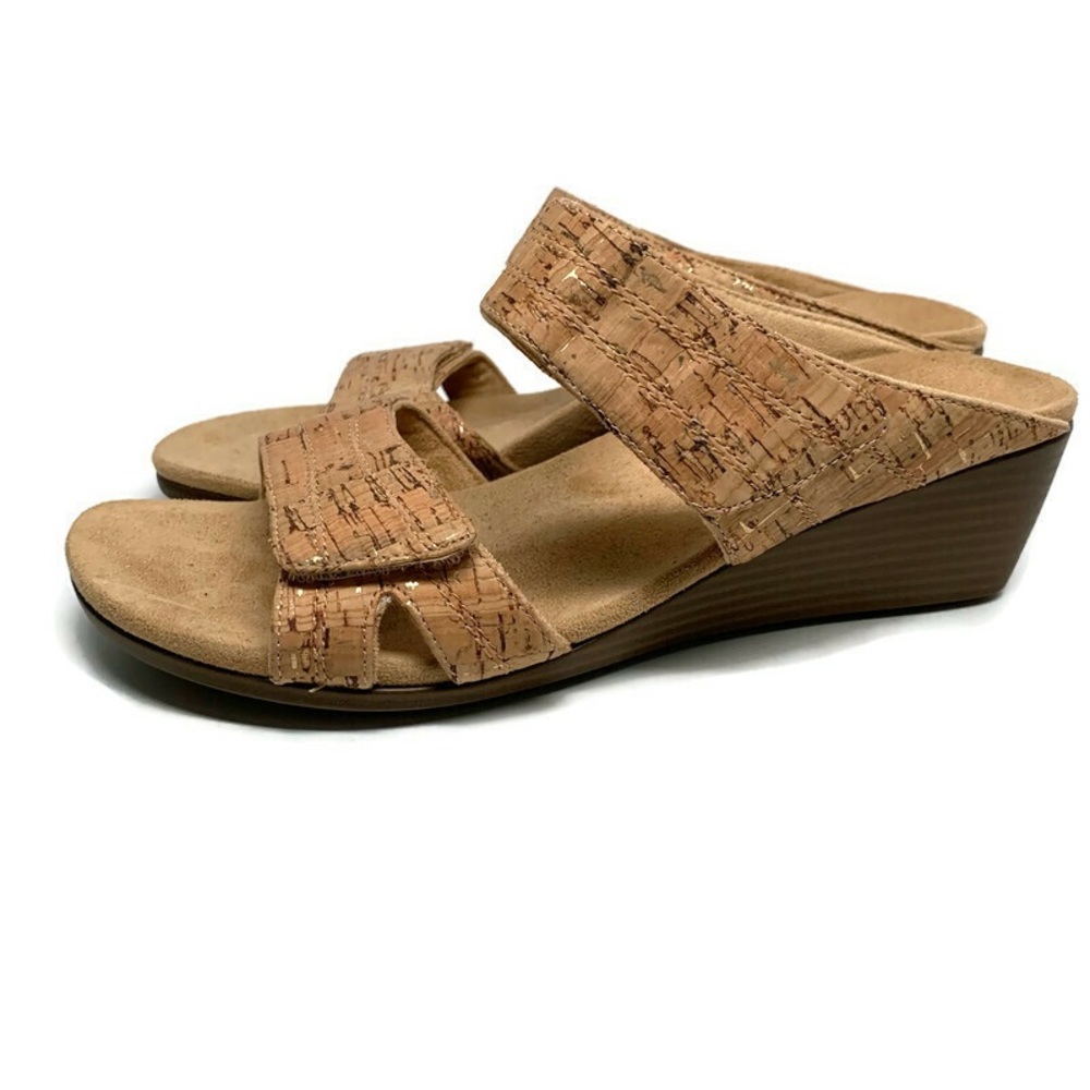 Vionic Chrissy Adjustable Strap Slide on Wedge Tan Beige Cork Gold Flecks 8.5